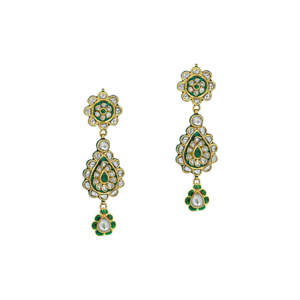 Teardrop Polki Earrings with Green Enamel and Floral Accents